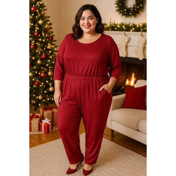 Lane Bryant Pants - Lane Bryant 22/24 Red Glitter Jumpsuit Metallic Stretch Party‎ Holiday One Piece